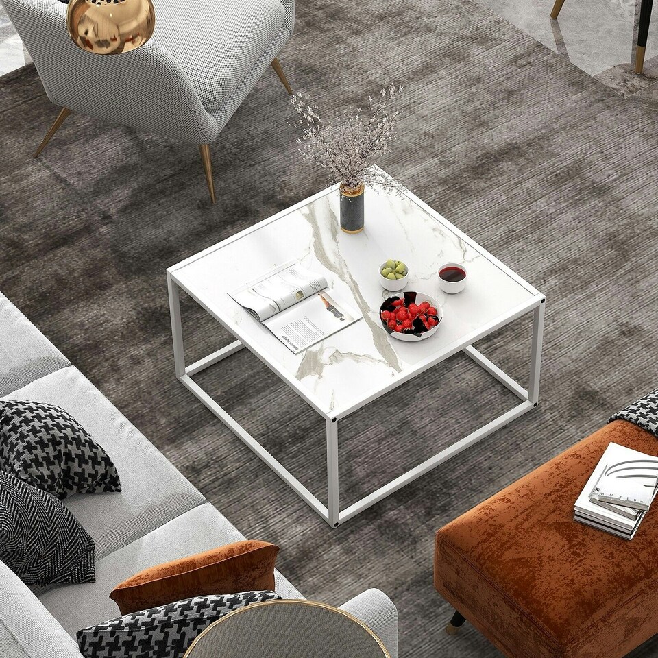 image 1 of COSTWAY Modern Square Coffee Table with Faux Marble Tabletop White