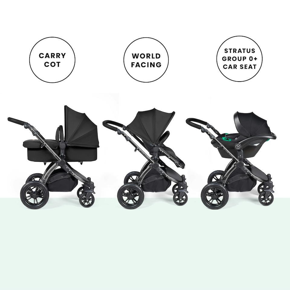 image 1 of Stomp Luxe 12pc Travel System with Stratus i-Size Car Seat & ISOFIX Base, Carrycot, Reversible Seat, Rain Cover & More (Black/Midnight/Black)