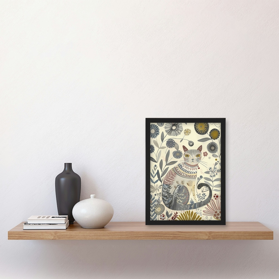 image 1 of Rustic Cat Wildflower Field Bright Floral Black Framed Wall Art Print A4