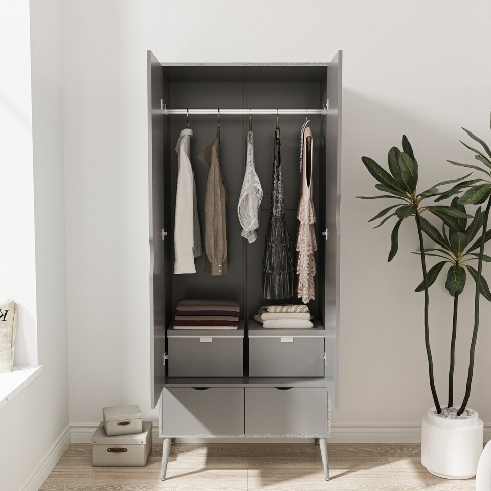 image 1 of Malmo 2 Door 2 Drawer Wardrobe with Scandi Legs Cupboard Hanging Rail 180cm | Multi | Ash Grey Grey | 1