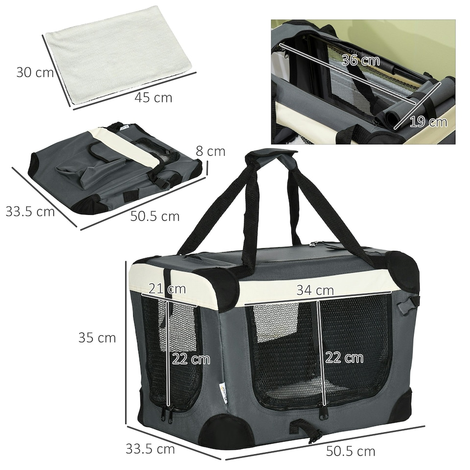 image 1 of PawHut 51cm Foldable Pet Carrier Bag Soft Travel Dog Crate for Mini Dogs Grey