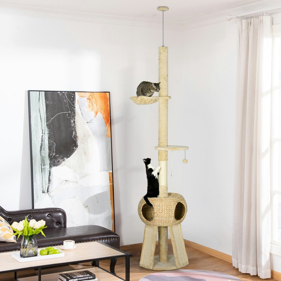 image 1 of PawHut 255cm Tall Cat Tree with Scratching Posts, Condo, Hammock, Beige