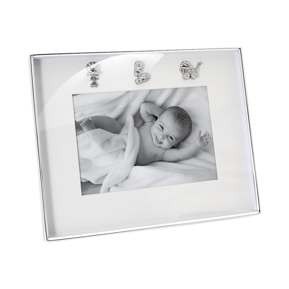 image 1 of Silver Baby Photo Frame with Pram, Booties & Rattle Icons