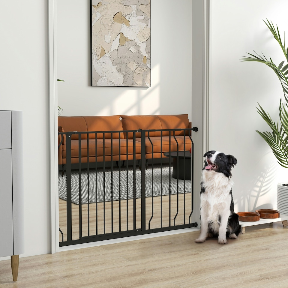 image 1 of PawHut Dog Gate Wide Stair Gate w/ Door Pressure Fit, 75-115W cm, Black