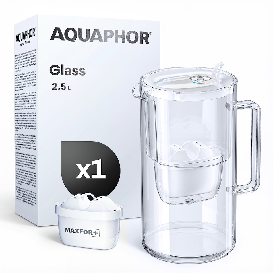 image 1 of AQUAPHOR Glass 2.8L Water Filter Jug with 1 Maxfor+ Water Filter Cartridge - White