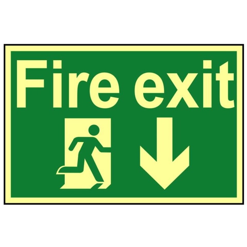 Scan Fire Exit Running Man Arrow Down - Photoluminescent 300 X 200mm - Multi Colour - 200 x 300mm