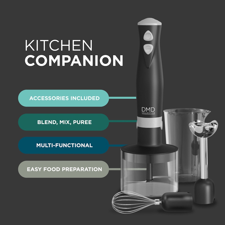 image 1 of DMD 5-In-1 Immersion Hand Blender Set, Fruit & Veg Mini Chopper & Whisk Attachment, Stainless Steel Cutting Edges, Compact Food Processor | Black