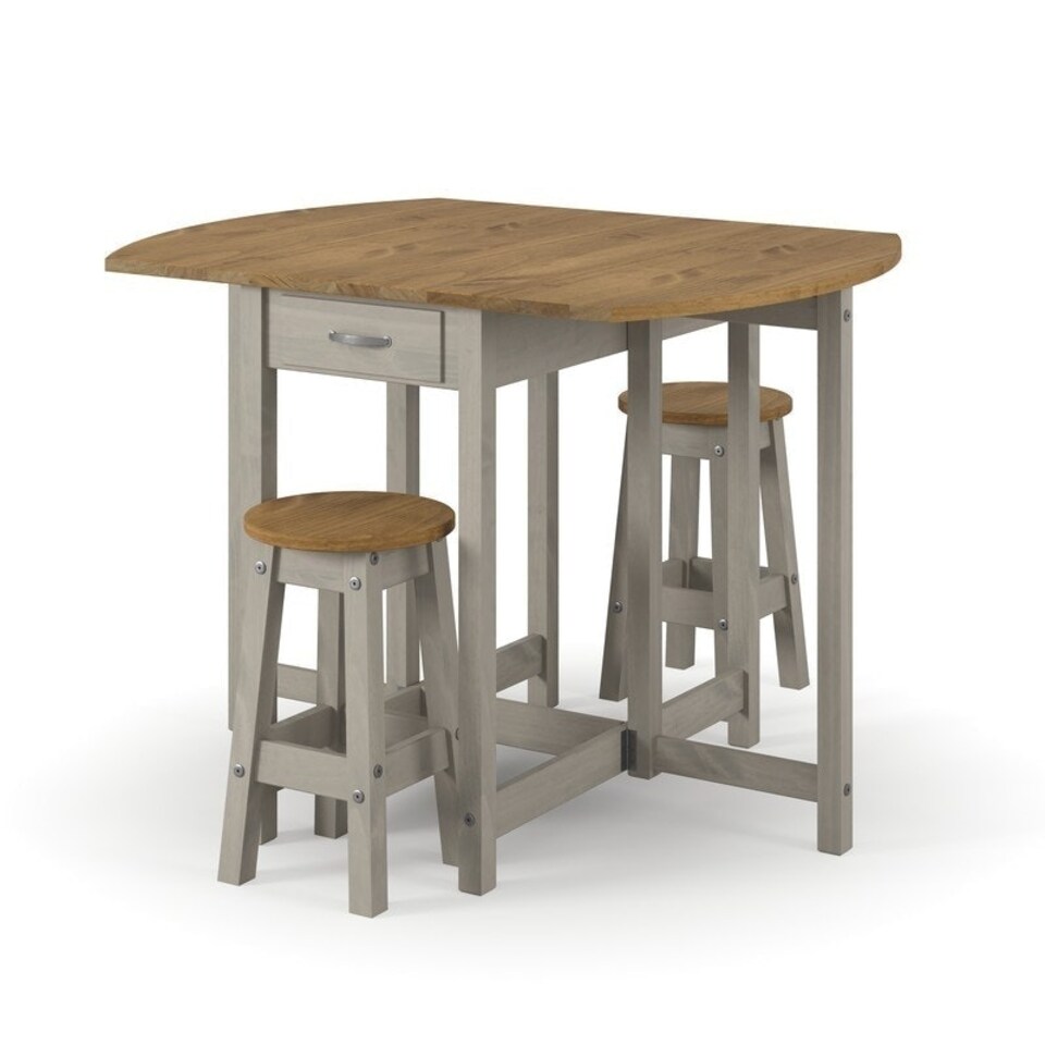 image 1 of Corona Oval Breakfast Drop Leaf Gateleg Table and 2 Stool Set - Pine - Grey/Antique Waxed Pine - Flat Packed Grey