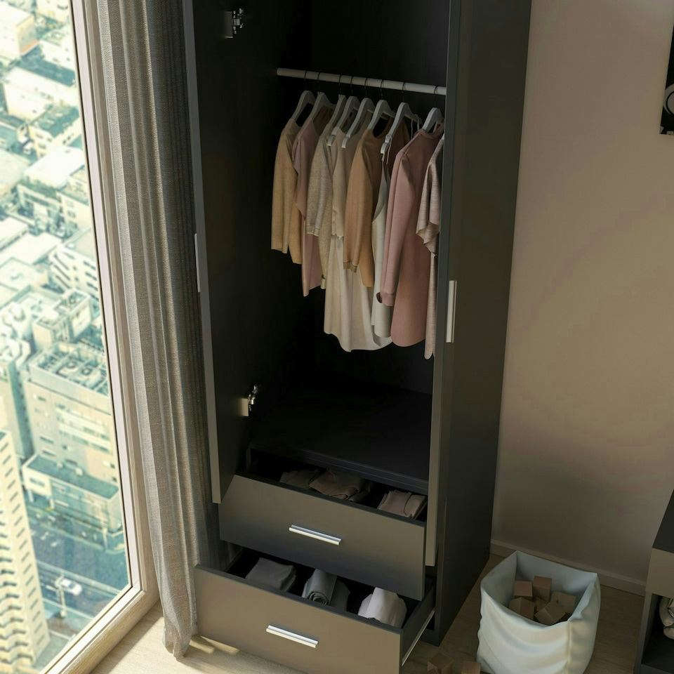 image 1 of 2-Door 2-Drawer Wardrobe | Black | Unit Colour: Black