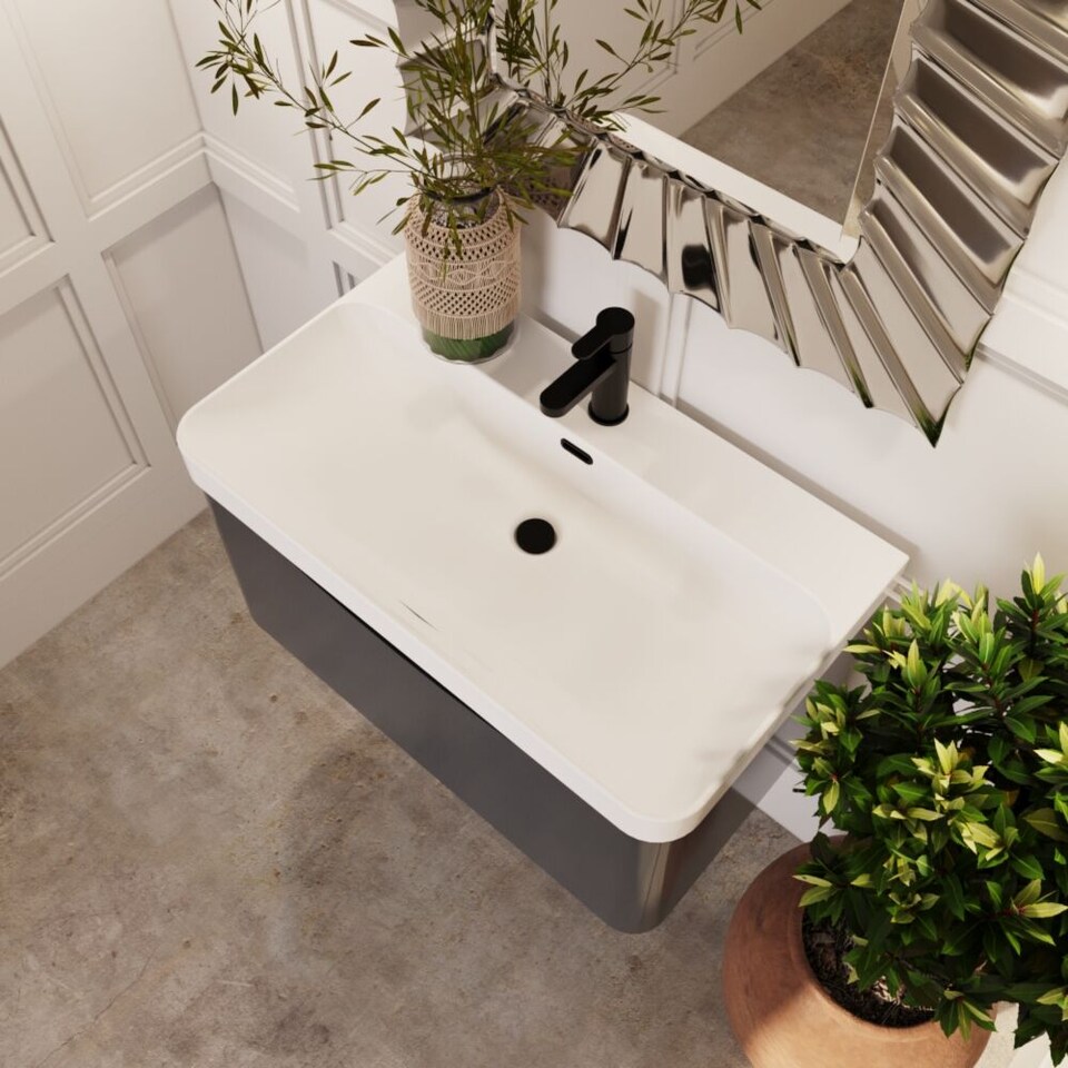 image 1 of Balterley Arch Modern Bathroom Wall Hung 1 Drawer Vanity Unit & Ceramic Basin | Grey | Satin Soft Black