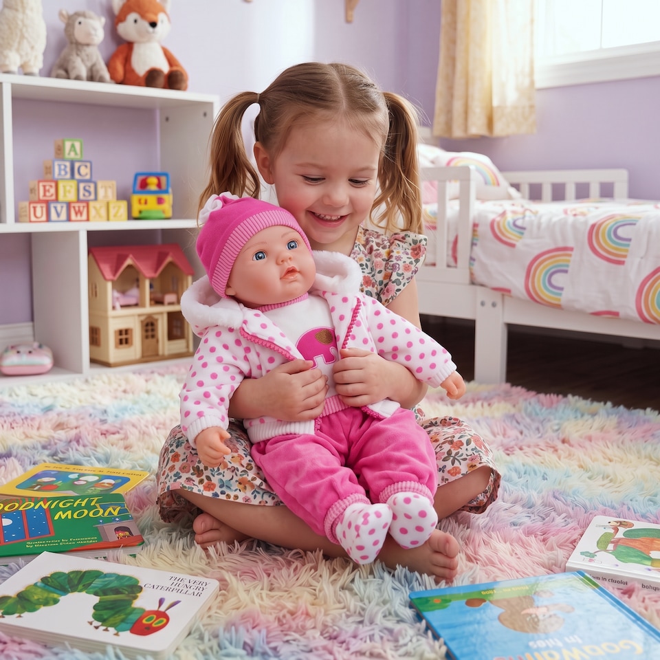 image 1 of BiBi Doll 20" Dots Baby Doll Girl with Spotty Coat Outfit, Sounds & Dummy Toy