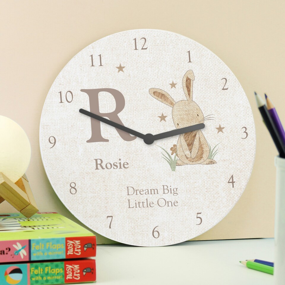 image 1 of Personalised Hessian Rabbit Shabby Chic Large Wooden Clock