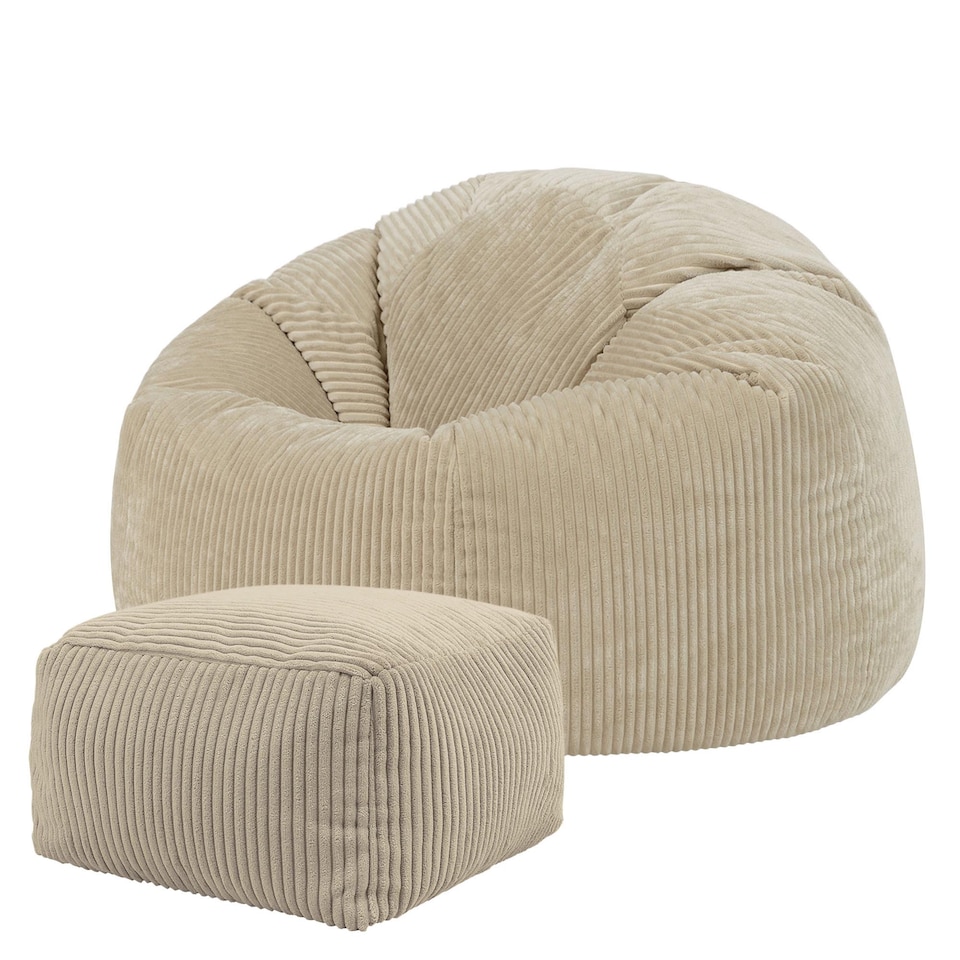image 1 of Kingston Cord Adults Bean Bag Chair and Pouffe, Ready Filled Beanbag and Footstool Stone Beige | Cream | Natural | 2