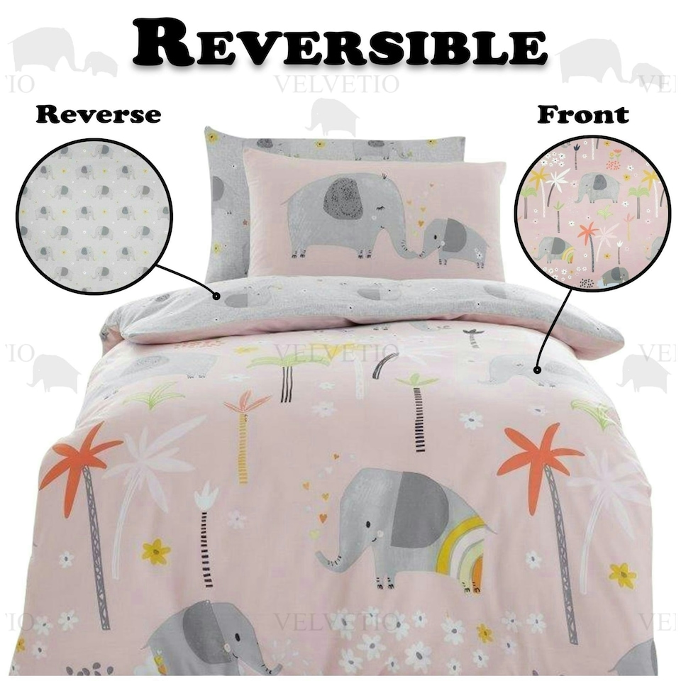 image 1 of VELVETIO Elephant Friends Duvet Cover Set Luxury Kids Reversible Beddings Pink | Double