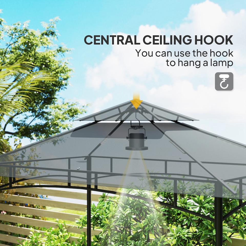 image 1 of Outsunny 2.4 x 1.5 m Grill Gazebo Canopy with LED Lights, Double Tiered Outdoor BBQ Gazebo Shelter with 2 Side Shelves, Storage Basket and Hooks for Garden, Barbecue, Picnic, Dark Grey