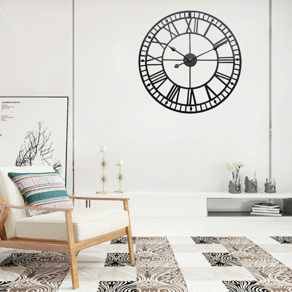 image 1 of Living and Home Metal Roman Numeral Wall Clock - Large & Black
