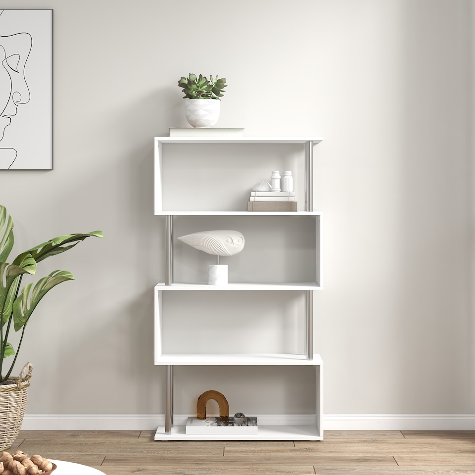 image 1 of HOMCOM S Shape Bookcase, 5 Tiers Bookshelf, Modern Freestanding Storage Shelf for Home Office, Study, Living Room, 80 x 30 x 145cm, White