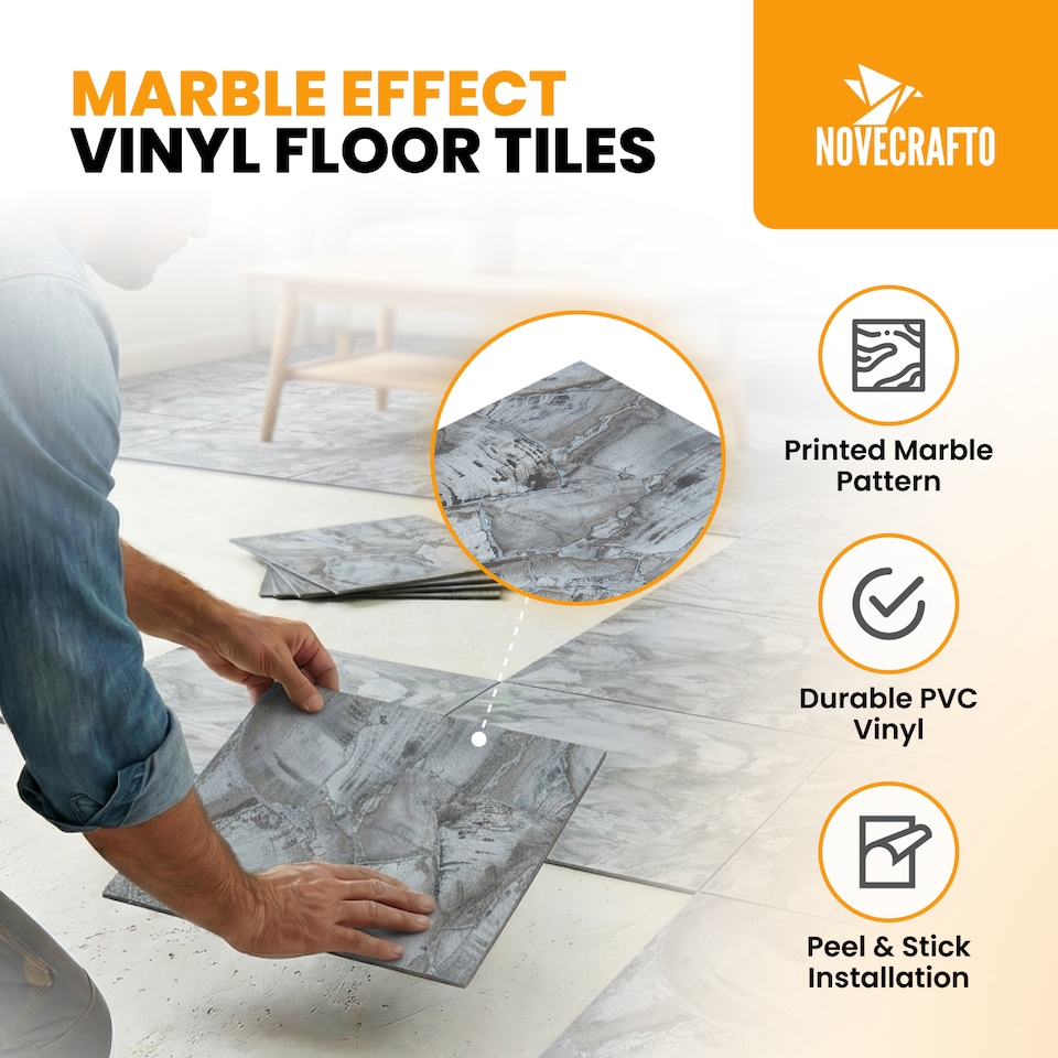 image 1 of NOVECRAFTO Vinyl Floor Tiles Self Adhesive – 12x12in Peel and Stick Flooring for Kitchen, Bathroom & Living Room – Charcoal Marble Flow Design | Grey | 3.72 sqm