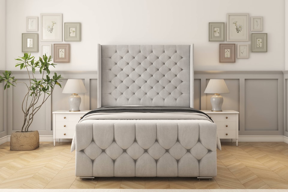 image 1 of Sloomy Luthor Silver Plush Bed Frame With Mattress With 50"  Upholstered Wingback Headboard 6' Super King