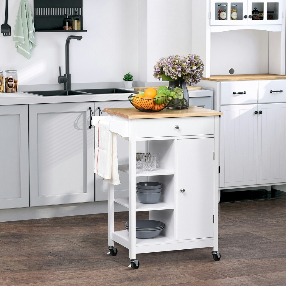 image 1 of HOMCOM Kitchen Storage Trolley w/ Wood Top, Cupboard Drawer, Rail
