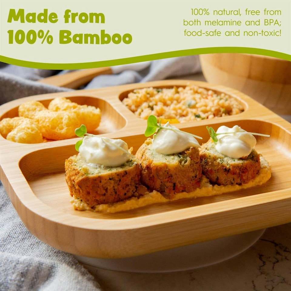 image 1 of Tiny Dining Bamboo Segmented Baby Weaning Plate & Fork Set - Green
