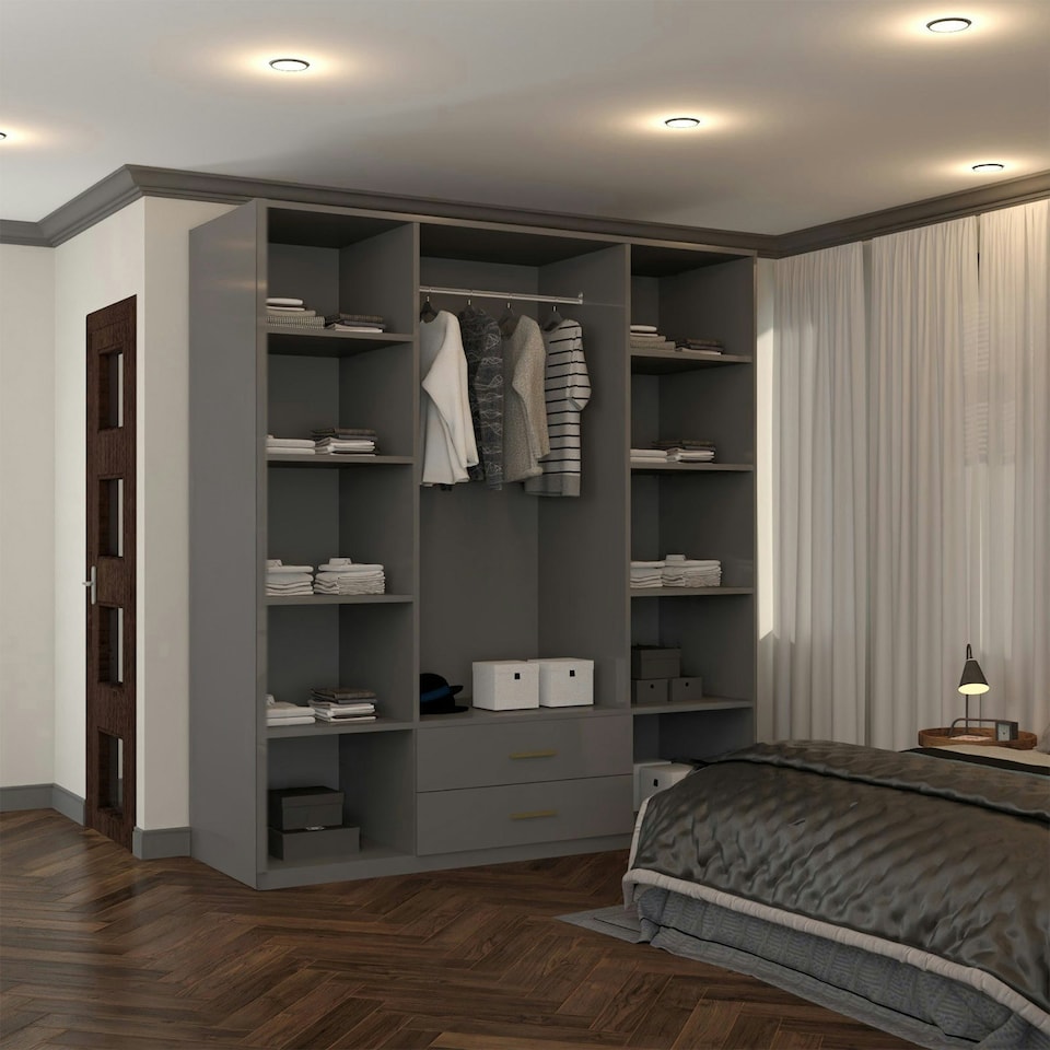 image 1 of Modern 4-Door High Gloss Wardrobe with Soft-Close Mirrors, Gold Accent Handles, Drawers & Shelves – 160cm Wide Grey | Grey 160cm
