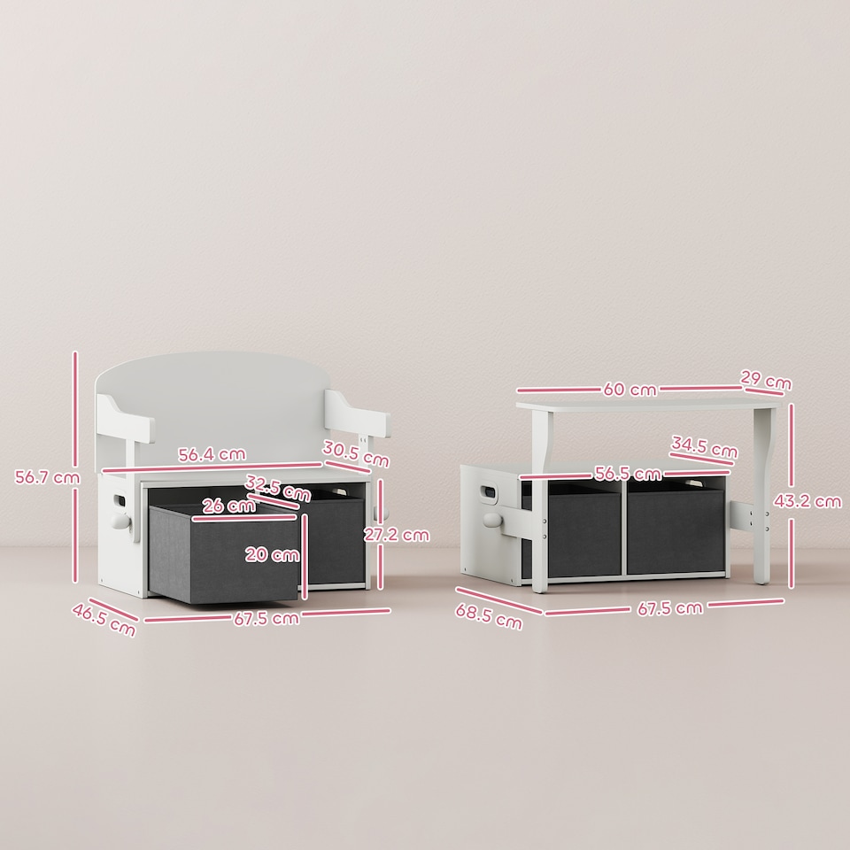 image 1 of AIYAPLAY 3 in 1 Kids Storage Bench, Toddler Table and Chair Set, White