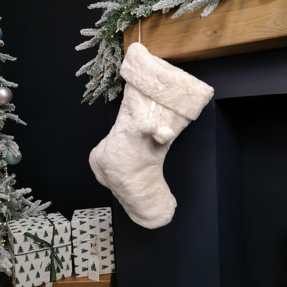 image 1 of 50cm Winter White Faux Fur Hanging Christmas Stocking with Pom Poms