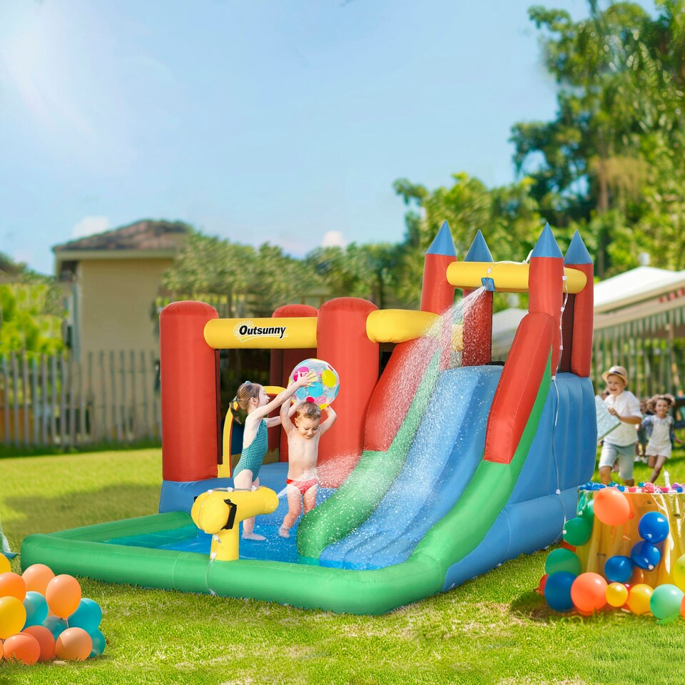 image 1 of Outsunny Kids Bouncy Castle w/ Slide Water Pool Climbing Wall & Trampoline