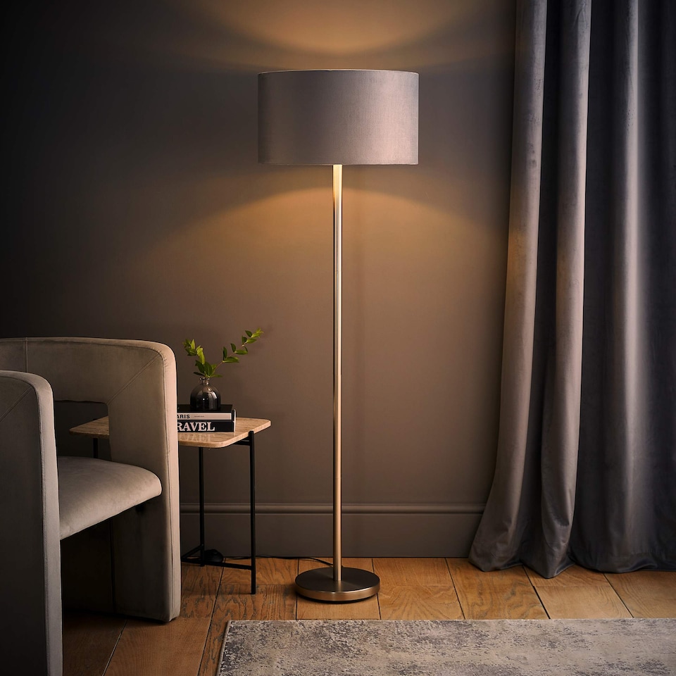 image 1 of ValueLights Charlie Brushed Chrome Floor Lamp Grey Velvet Chrome Shade