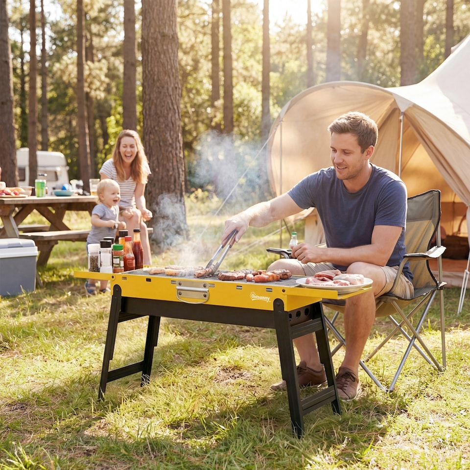 image 1 of Outsunny BBQ Grill, Charcoal Barbecue with 2 Side Shelves and Handle