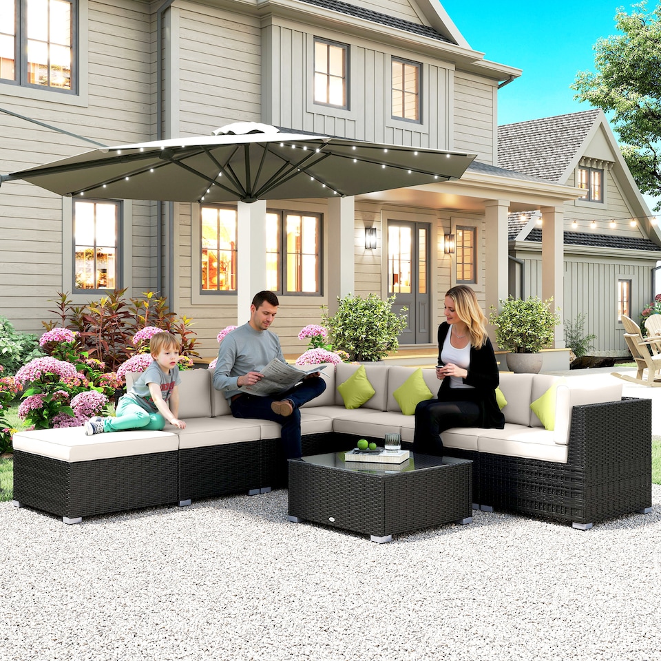 image 1 of Outsunny 8 Piece Rattan Corner Sofa Set with Wide & Deep Seat, Assembled Aluminium 7 Seater PE Rattan Garden Furniture Set with Thick Cushions and Glass Top Table for Outdoor, Conservatory, Black