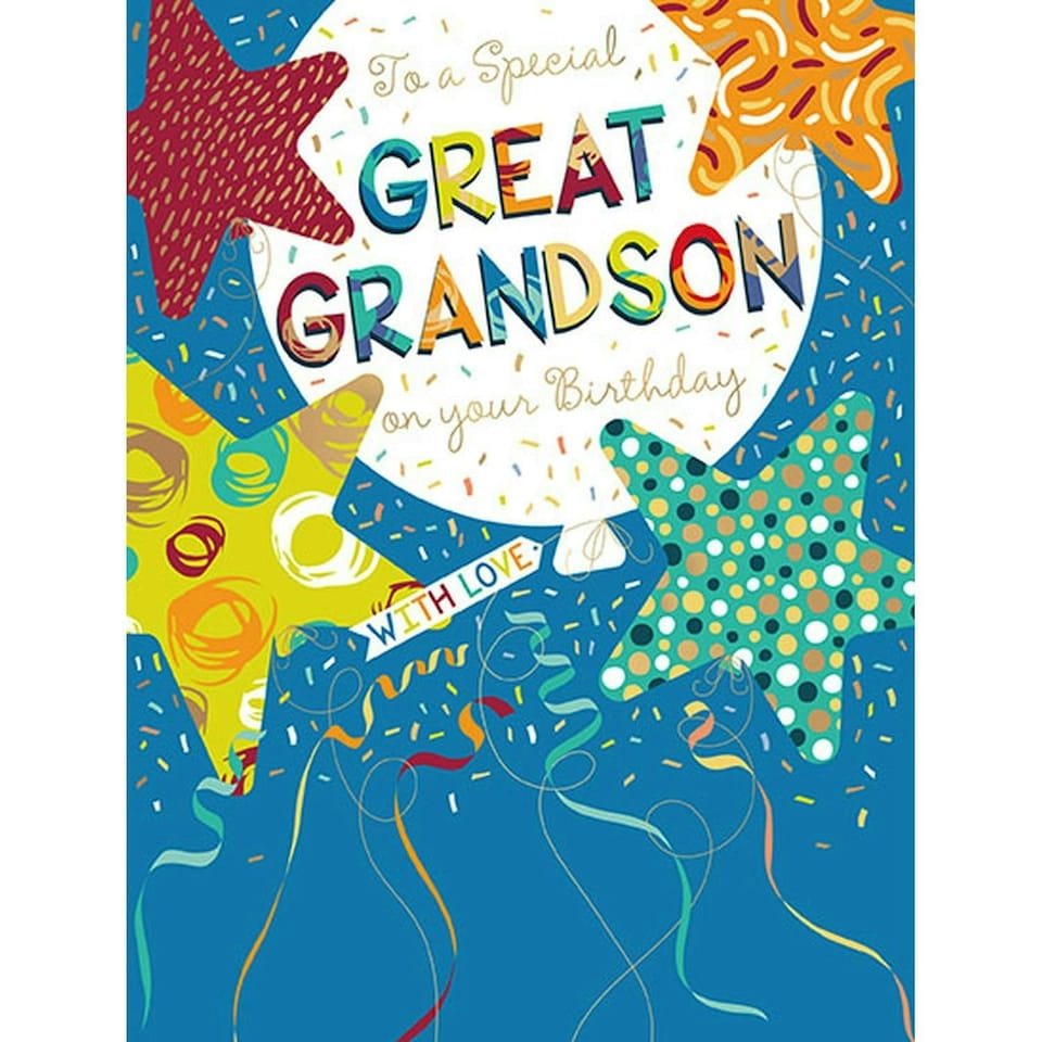 Words 'n' Wishes Traditional Great Grandson Birthday Card, Bright Blue Star Balloons, UK Made