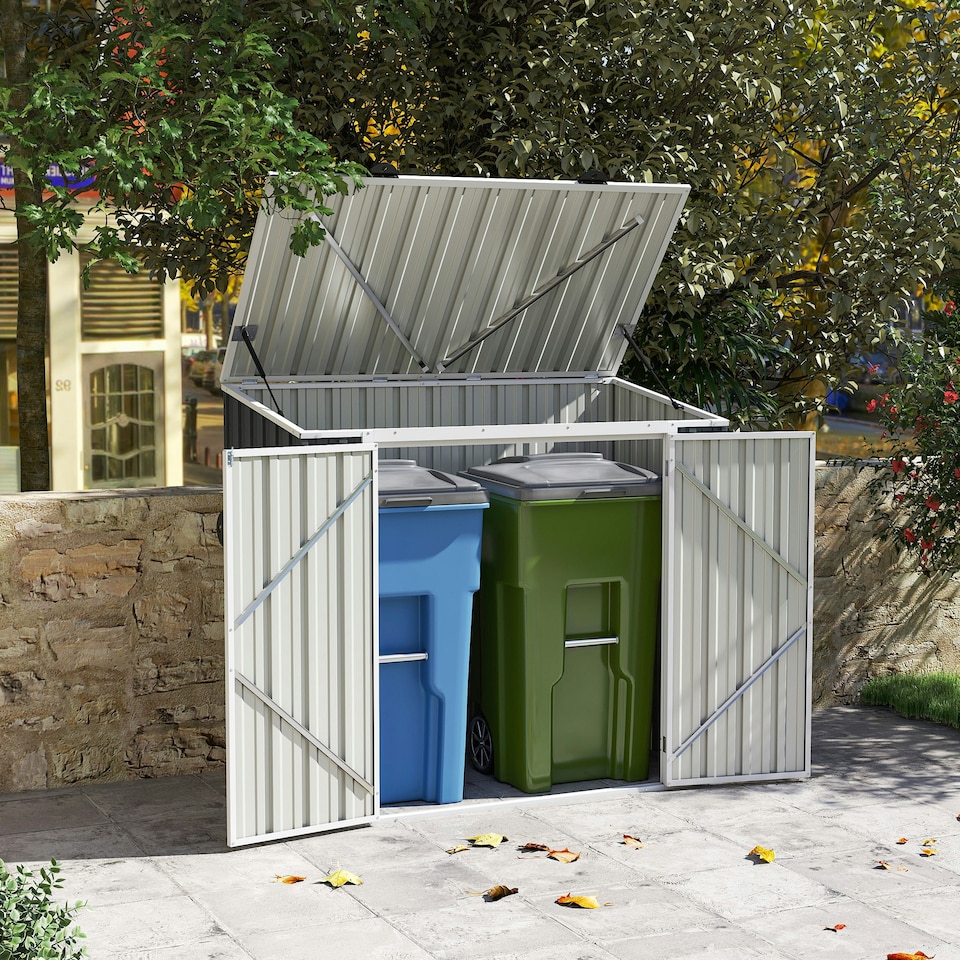 image 1 of Outsunny 2-Bin Steel Rubbish Storage Shed w/ Double Locking Doors, Openable Lid