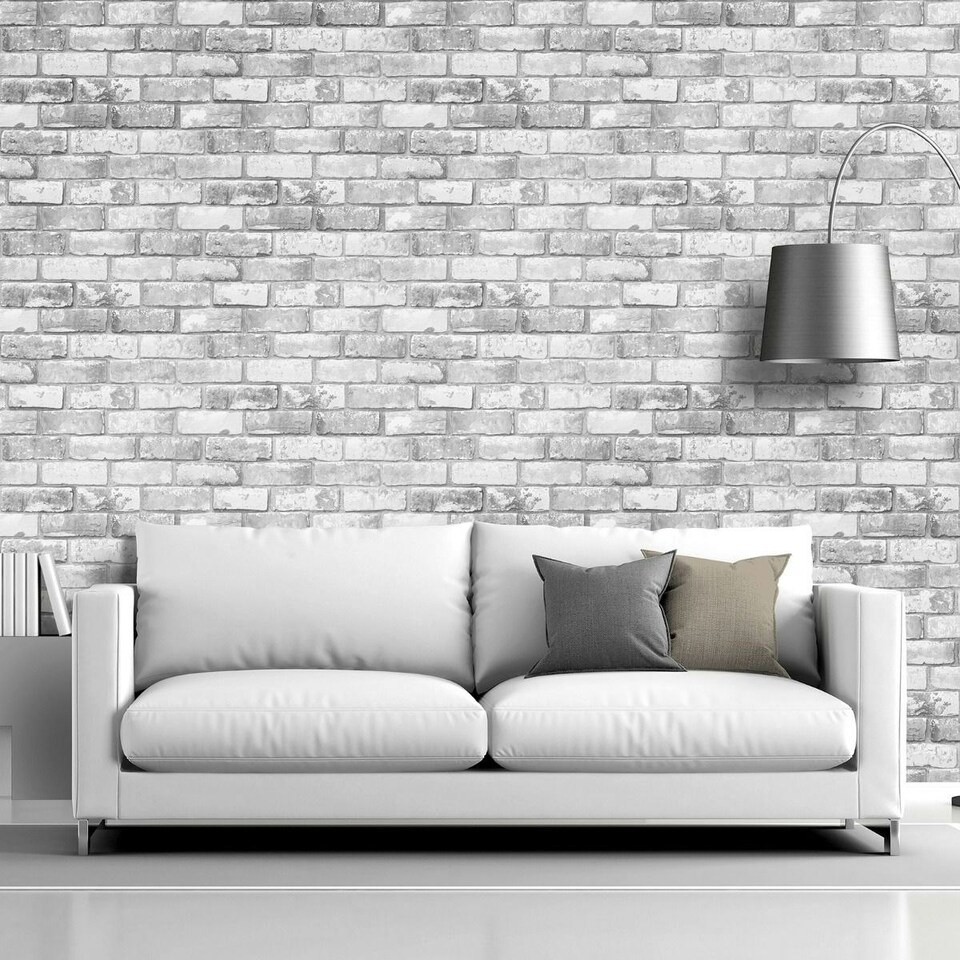 image 1 of Debona Brick Effect Wallpaper - White/Grey - 10.05m x 53cm White
