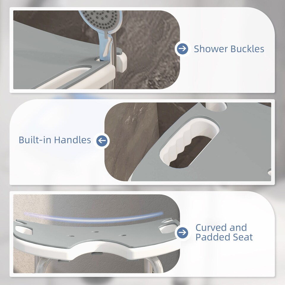 image 1 of HOMCOM Height Adjustable Shower Stool with Suction Grab Rail, Aluminium Shower Chair with U-Shaped Padded Seat, Non-Slip Bath Stool for Elderly, Disabled, Seniors, Pregnant, Grey