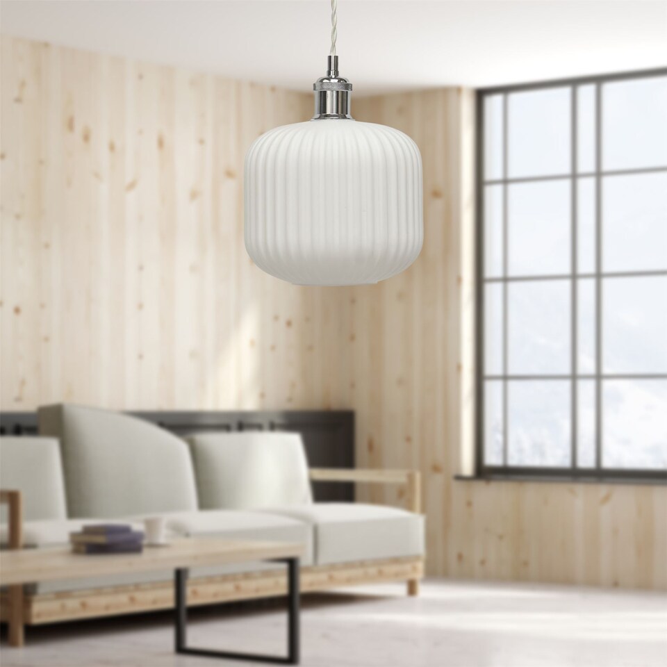 image 1 of Set of 2 Bento - White Ribbed Glass Chrome Retro Pendant Fittings