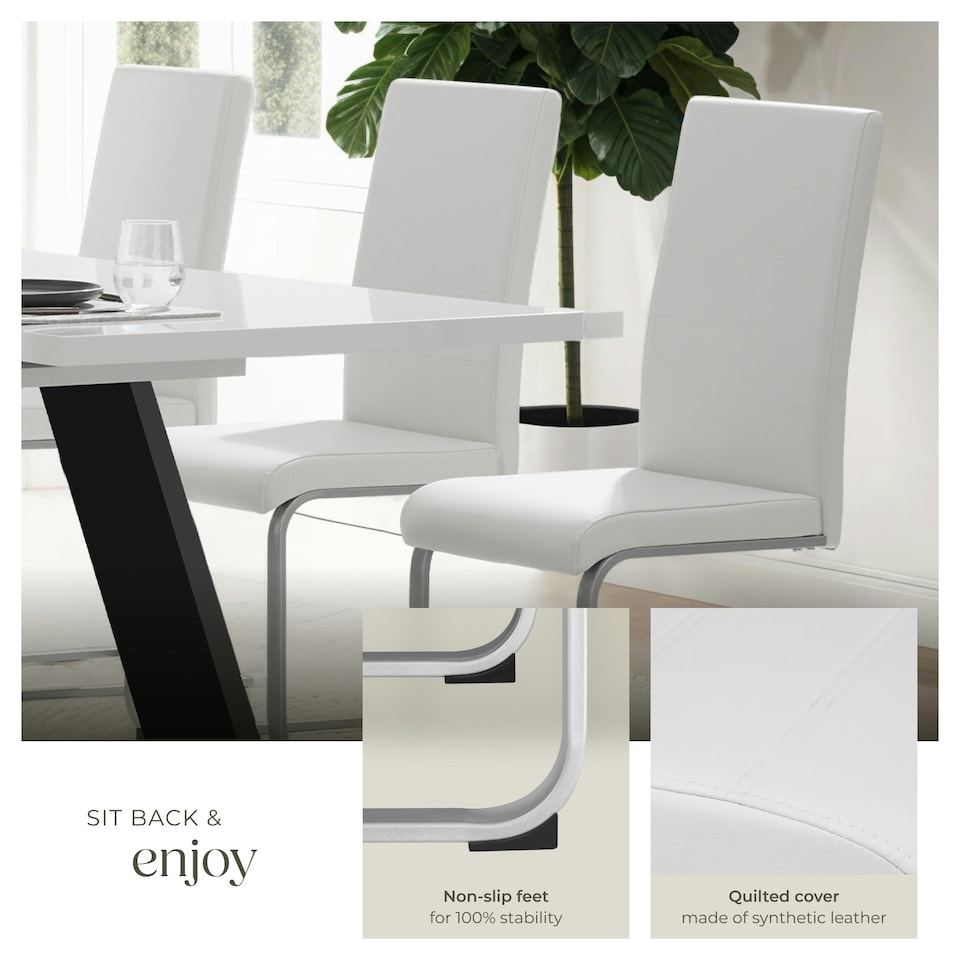 image 1 of Dining Chairs - cantilevered, high backrest, flat steel frame - Set of 4 White