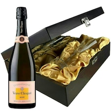 Veuve Clicquot Rose Champagne and Flutes in Wooden Hinged Presentation Box 75cl 12.5% abv