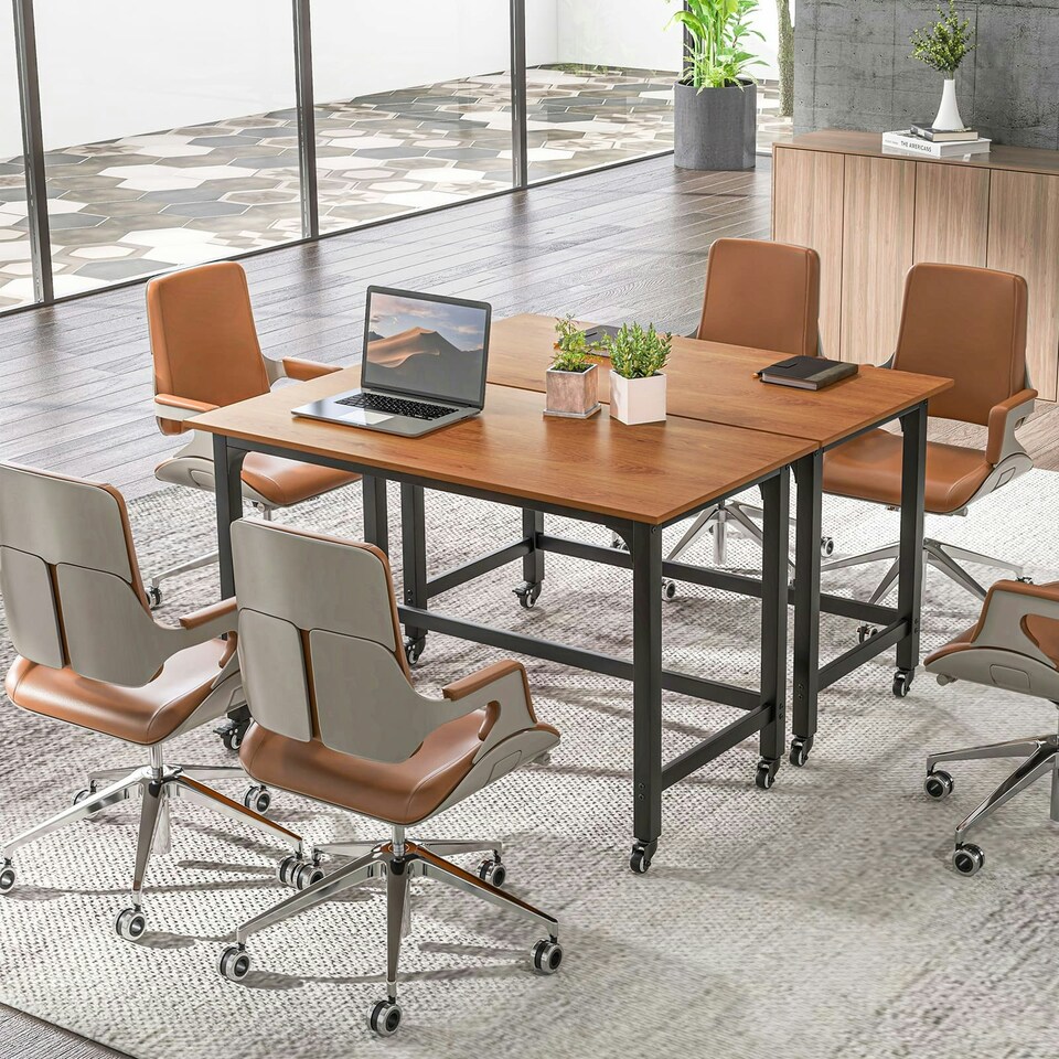 image 1 of COSTWAY Mobile Computer Desk 120cm Home Office Desk Teak Brown