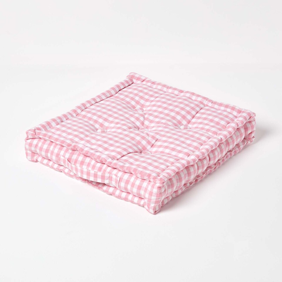 image 1 of Homescapes Cotton Gingham Check Pink Floor Cushion - 50 x 50 cm | Pink | 50 x 50 cm