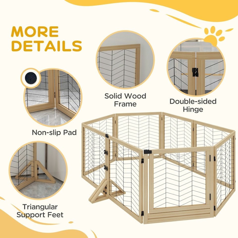 image 1 of PawHut 8 Panels Freestanding Dog Barrier for S and M Dogs - Natural Wood