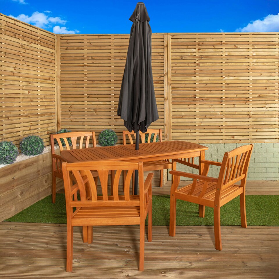 image 1 of Outdoor 4 Person Rectangular Wooden Dining Table Chairs & Bench with Grey Havana Parasol & Base