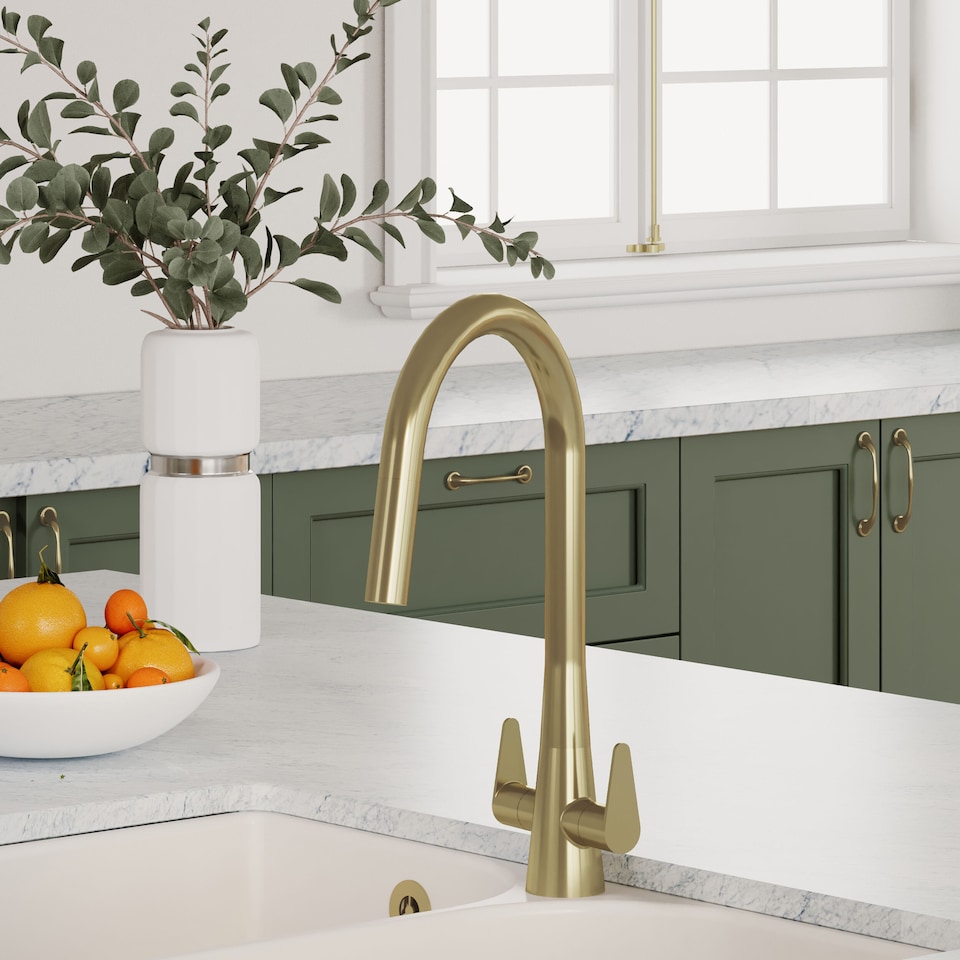 image 1 of Situla Kitchen Mono Mixer Tap Dual Lever Brushed Brass 398mm | Copper | Brushed Brass | 1
