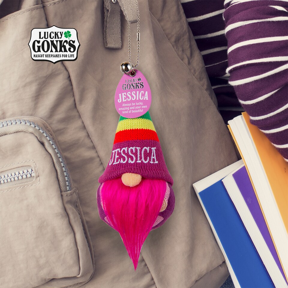 image 1 of Pre-personalised Lucky Gonk Mascot Keyring For Bag Or Backpack - Jessica - 136 Names and Themes Available | Pink