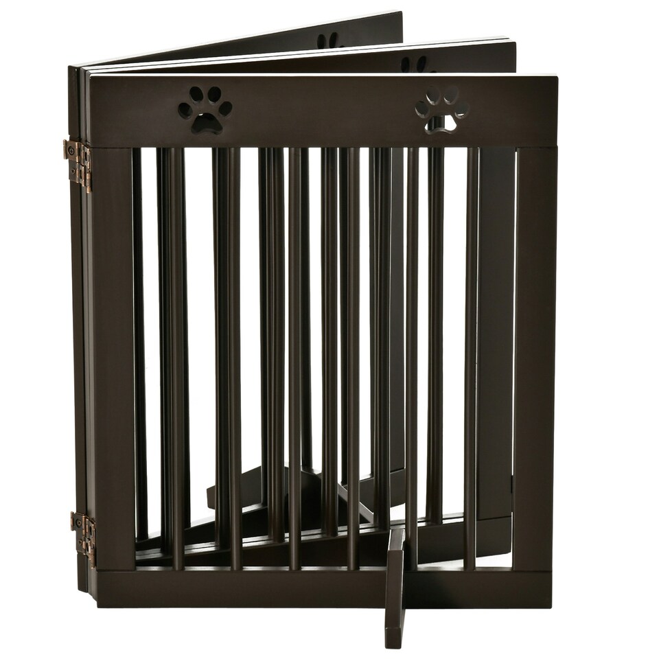 image 1 of PawHut Pet Gate 4 Panel Wooden Dog Barrier Folding Fence w/ Support Feet