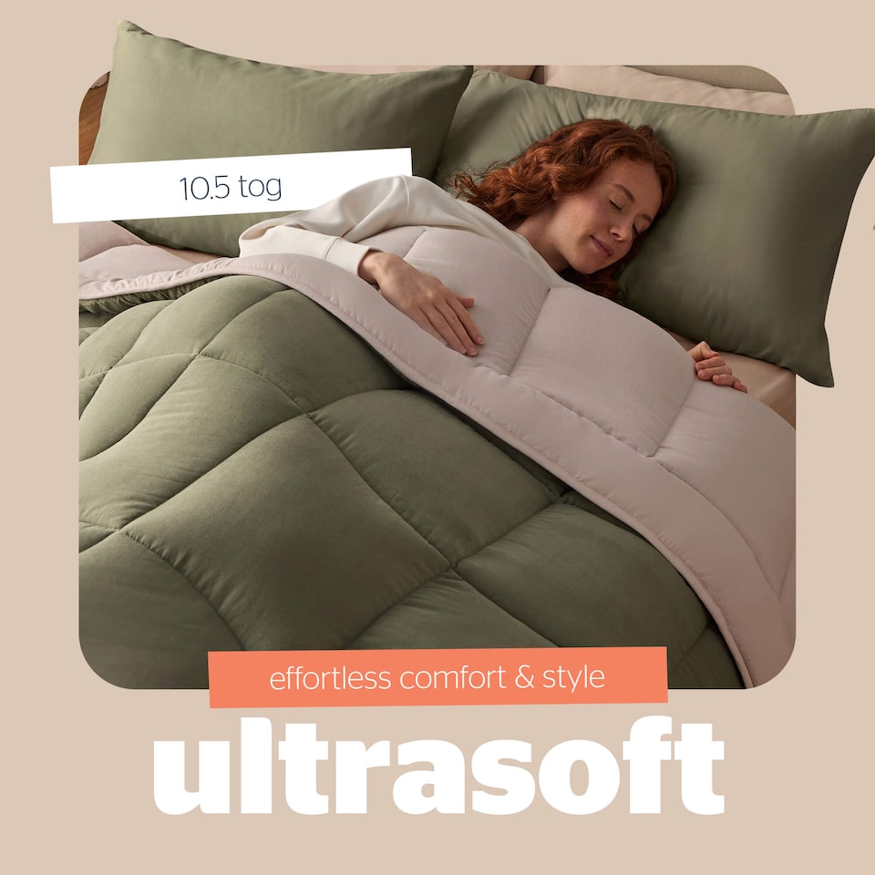 image 1 of Silentnight Coverless Duvet and Pillowcase Set, Washed Effect, Reversible - Green Natural | Green | Natural Reverse