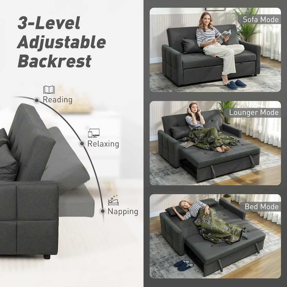 image 1 of HOMCOM 2 Seater Sofa Bed, Convertible Pull Out Bed Settee, Charcoal Grey