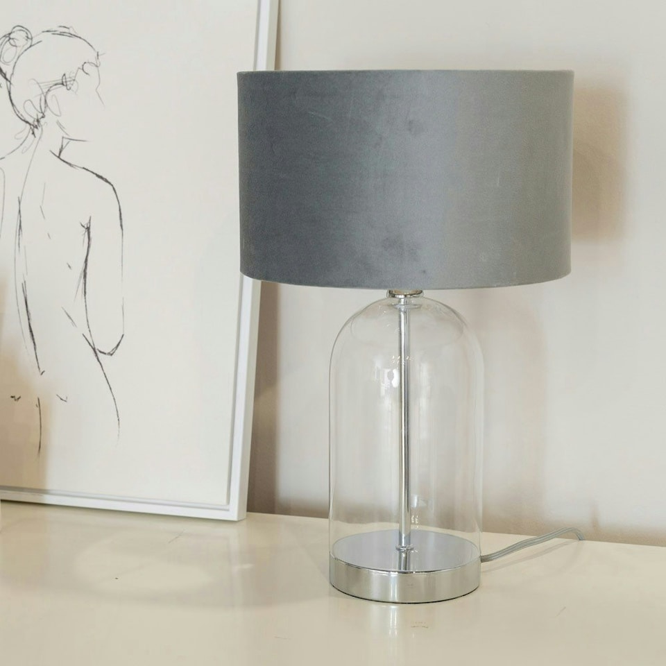 image 1 of ValueLights Jessy Glass with Silver Table Lamp with Grey Velvet with Chrome Inner Lamp Shade and LED Bulb