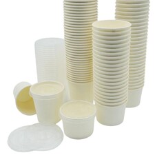 ECONX 4oz White Kraft Paper Sauce Pots with Plastic Lids Round Container for Sauces, Dips Pack 50